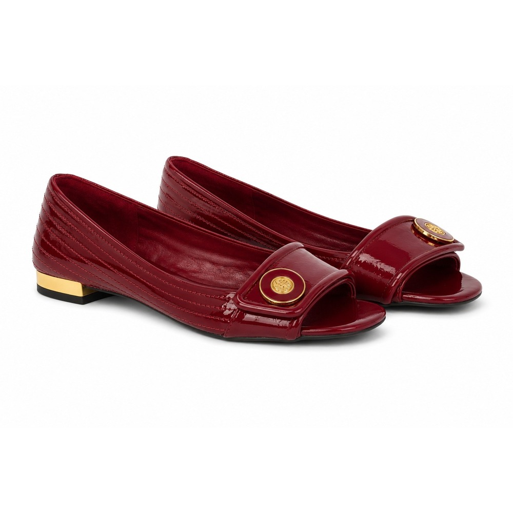 Tory Burch Red Patent Leather Quilted Open Toe Logo Medallion Flats Shoes